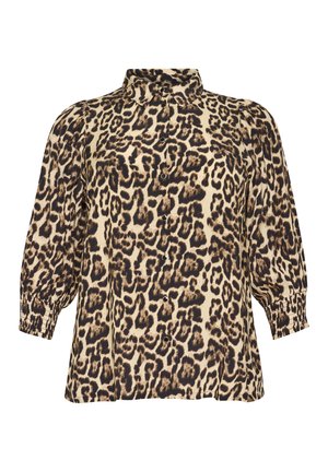 Leopard print blouse made of soft fabric, featuring a collar, button front, and gathered long sleeves with elastic cuffs.