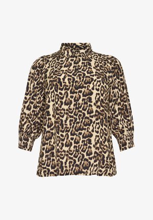 Blusa de estampado de leopardo hecha de tela suave, con cuello, frente abotonado y mangas largas fruncidas con puños elásticos.