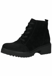 Botas de tobillo de ante negro con punta redondeada, cierre de cordones en la parte delantera y suela de goma negra gruesa y texturizada. Diseño minimalista sin acentos visibles.