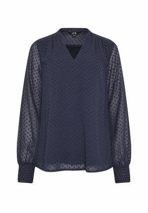 Mørkeblå bluse med lange ærmer, tekstureret prikket mønster, V-halsudskæring, gennemsigtige ærmer og rynkede manchetter.