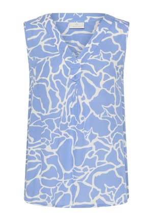 Mėlyna be rankovių viršutinė dalis su balta abstrakčia raštų, V formos iškirpte ir mygtukų detale priekyje. Lengvas audinys su lygiu paviršiumi.