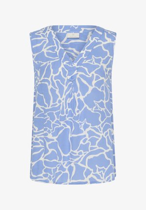 Top fără mâneci, de culoare albastră, cu un model abstract alb, de tip v-neckline, și detalii cu buton în față. Material ușor, cu o textură netedă.