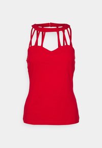 Top rosso senza maniche con scollatura a V e spalline a taglio. Realizzato in un tessuto morbido, presenta una forma aderente e dettagli di design minimi.