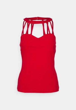 Top rosso senza maniche con scollatura a V e spalline a taglio. Realizzato in un tessuto morbido, presenta una forma aderente e dettagli di design minimi.