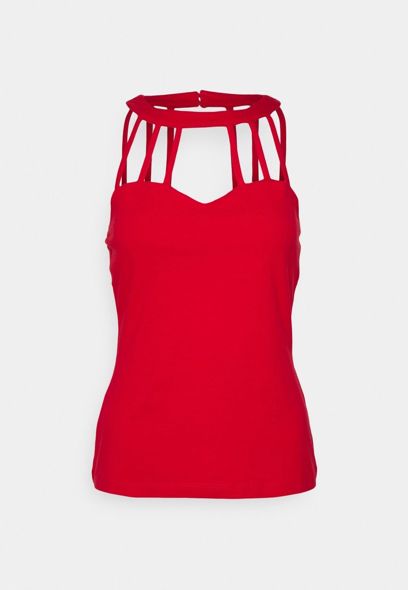 Red sleeveless top with a V-neck and cut-out shoulder straps. Made from smooth fabric, featuring a fitted shape and minimal design details.