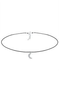 Sort choker-halskæde med en sølvfarvet halvmånesten, der har klare sten. Justerbar kæde med små runde lukke-detaljer.