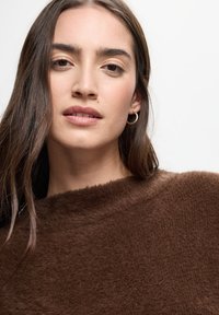 Brązowy sweter o fakturowanej powierzchni z okrągłym dekoltem, wykonany z miękkiego, puszystego materiału. Krój jest luźny, a detale są minimalistyczne.