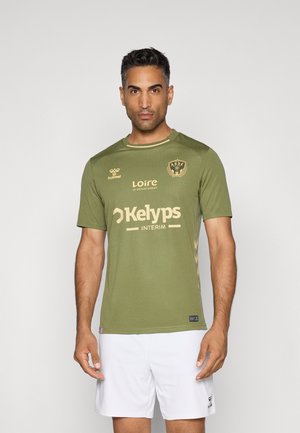 Olive green sports jersey made of lightweight fabric; features short sleeves, crew neck, and gold accents with logos and text.