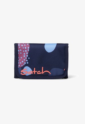 Navy fabric wallet featuring colorful polka dots in pink and light blue, with a prominent coral logo, and a fold-over design.