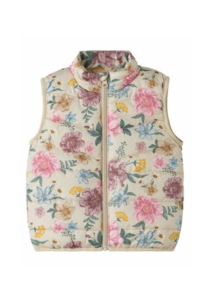 Bezruká béžová prošívaná vesta s předním zipem a vícebarevným květinovým potiskem v růžových, fialových, modrých, žlutých a zelených tónech.