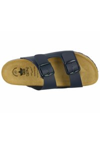 Navy blue slide sandal with two adjustable black buckles, cork insole, and textured sole. Features a smooth synthetic upper material.