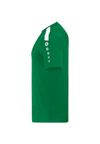Camicia verde a maniche corte con un accento bianco sulla spalla, logo rotondo sulla manica e dettagli a bottoni circolari sul braccio.