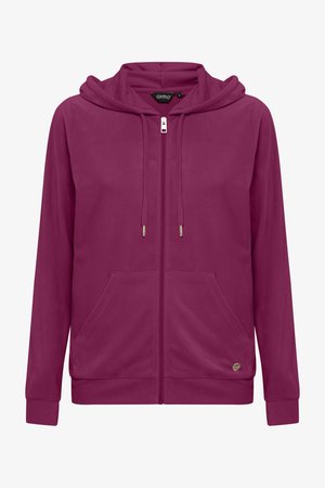 Fuchsia zip-up hooded sweatshirt with two front pockets, drawstrings, and a small silver logo accent on the lower pocket area.
