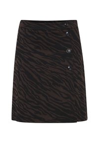 Fustă în dungi maro și negre, realizată dintr-un material texturat elegant, cu un design tip wrap, având patru nasturi negri pe lateral.