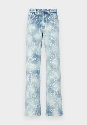 Jeans de blugi cu model de piele de șarpe, în nuanța albastru deschis, cu o croială relaxată, având talie clasică, fermoar și margini destramate.