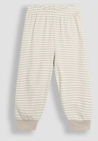 Lichtbeige gestreepte broek met een elastische tailleband en aansluitende manchetten, gemaakt van zachte stof, met afwisselend crèmekleurige strepen.