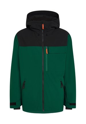 Grüne und schwarze Jacke mit Kapuze, ausgestattet mit einem Frontreißverschluss, einer Brusttasche und seitlichen Reißverschlusstaschen; aus einem glatten, strapazierfähigen Material für den Außenbereich.