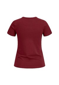 T-shirt corto a maniche corte color bordeaux con collo tondo, realizzato in morbido tessuto di cotone, caratterizzato da un design aderente e una texture liscia.