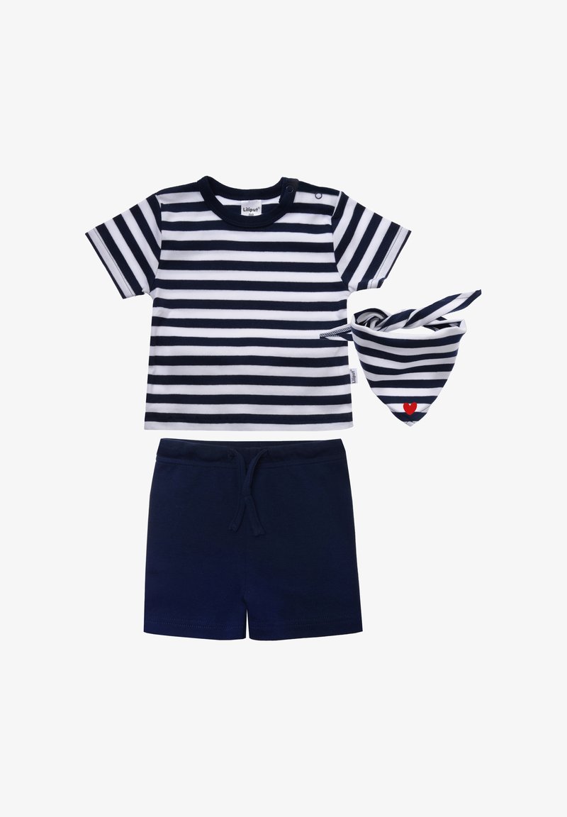 Striped cotton t-shirt in navy and white, navy shorts, and a matching bandana with a red heart accent. All pieces feature a soft texture.