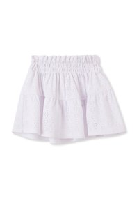 Gonna bianca a balze con elastico in vita. Presenta un design a strati e una texture sottile data dal motivo a occhiello.