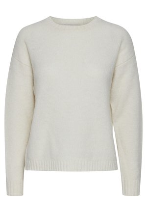 Kreemikas kampsun pehmest, tekstuuriga kangast. Omab ümmargust kaelust, langenud õlgu ja soonikserva.