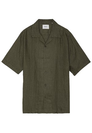 Short-sleeve shirt in dark green linen, featuring a pointed collar and a button-down front with six black buttons.