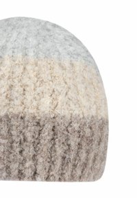Knit beanie with a rounded top, featuring a color gradient of light gray, cream, and beige. Textured, fluffy wool material.