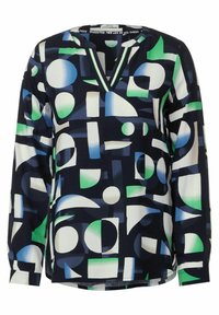 Blusa a maniche lunghe in navy, con stampa geometrica in forme blu, verdi e bianche. Collo a V e vestibilità rilassata. Tessuto morbido.