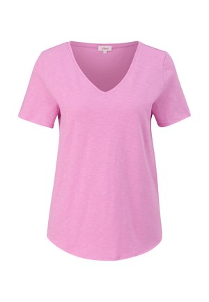 Różowa koszulka z krótkim rękawem i dekoltem w serek. Miękka tkanina i luźny krój. Doł przy hemline lekko zaokrąglony.