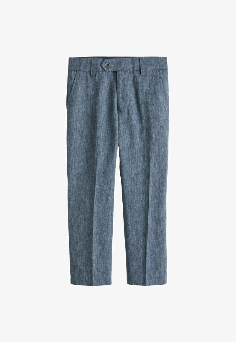 Sinised, peenelt kootud kangast püksid sirge jalaga lõikega, millel on üks nupp sulgemiseks ja ees voldid parema istuvuse tagamiseks.