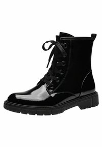 Bottines en cuir verni noir avec un laçage, bout rond et semelle en caoutchouc épaisse dotée de rainures de traction à motifs.