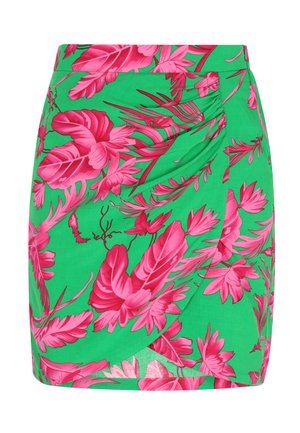 Grøn nederdel med pink blomstermønster, i en omslag design og med sammentrækning på siden. Glat tekstur og kort længde.