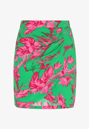 Roheline seelik roosa lillemustriga, millel on volditud disain ja korjete detailid küljel. Sile tekstuur ja lühike pikkus.