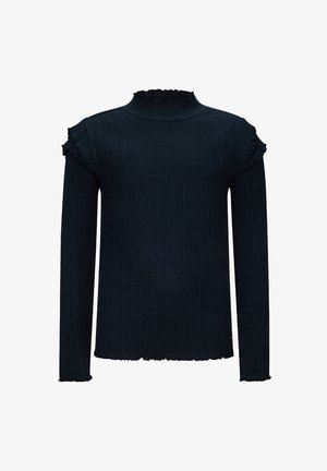 Dunkelblauer gerippter Rollkragenpullover mit langen Ärmeln, der über Rüschendetails an den Schultern und einen gewellten Saum am unteren Rand verfügt.