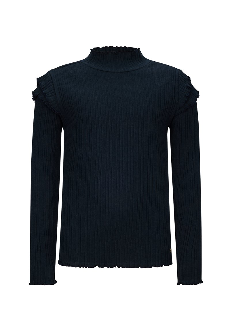 Maglione a collo alto a coste di un blu navy scuro con maniche lunghe, caratterizzato da dettagli arricciati sulle spalle e un orlo ondulato sul fondo.