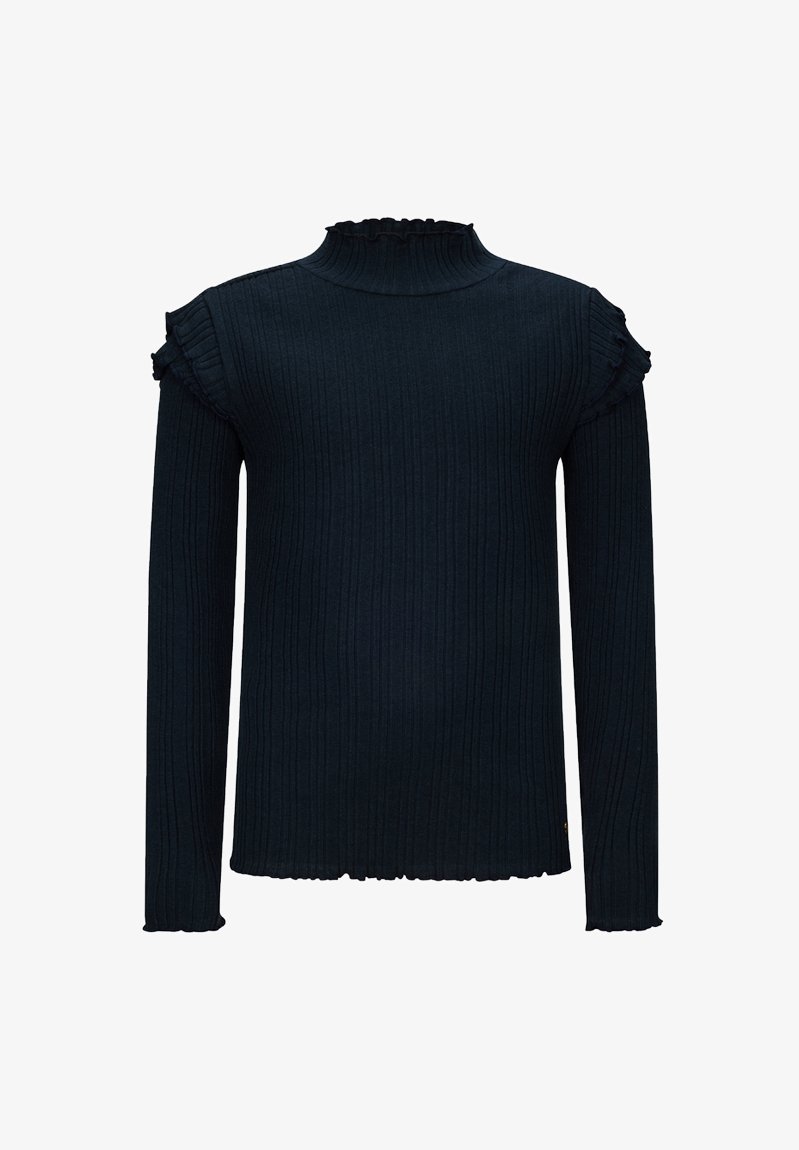 Dunkelblauer gerippter Rollkragenpullover mit langen Ärmeln, der über Rüschendetails an den Schultern und einen gewellten Saum am unteren Rand verfügt.