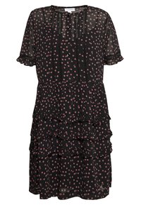 Czarna sukienka z krótkim rękawem z różowym kwiatowym wzorem, falbanami i koronkowymi zdobieniami na gorsecie. Zapięcie na guziki z przodu.
