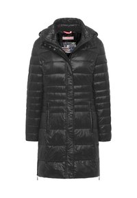 Zwarte lange gewatteerde jas met capuchon, voorrits, drukknoopsluiting en ritszakken aan de zijkant.