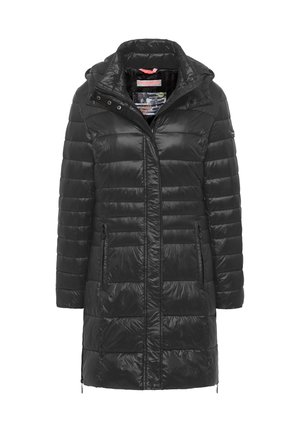 Zwarte lange gewatteerde jas met capuchon, voorrits, drukknoopsluiting en ritszakken aan de zijkant.