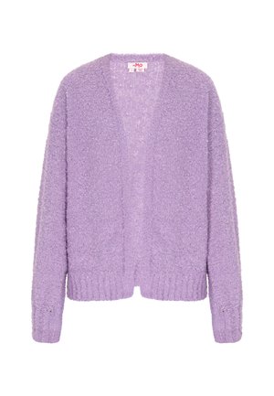 Lila Strickjacke aus strukturiertem, flauschigem Material mit lockerer Passform, offenem Vorderteil und geripptem Saum und Bündchen. Keine Knöpfe oder Verschlüsse.