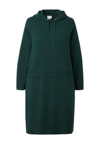 Abito a maniche lunghe in maglia verde scuro con dettagli a costine sui polsini, sull'orlo e in vita, dotato di cappuccio con cordoncino frontale.