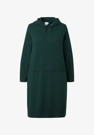 Ciemnozielona, długiego rękawa dzianinowa sukienka z kapturem, z prążkowanymi mankietami, dołem i detalem w talii, z przodu z sznurkiem do regulacji.