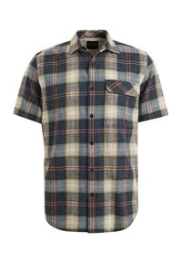 Chemise à manches courtes en mélange de coton, avec des accents bleu marine, beige et corail. Fermeture par boutons avec une poche poitrine et un col classique.