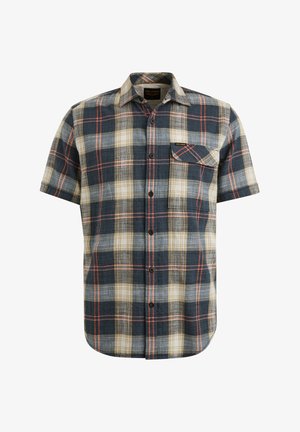 Kortærmet ternet skjorte i bomuldsblanding med marineblå, beige og koral accenter. Knaplukning med en brystlomme og klassisk krave.