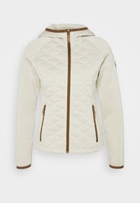 Giacca trapuntata beige chiaro con cappuccio, zip frontale, due tasche laterali con zip e rifiniture marroni sui polsini, sulla zip e sul bordo del cappuccio.