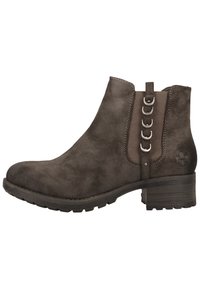 Braune Wildleder-Ankelstiefel mit elastischen Seitenteilen, dekorativen Metallringen, einer robusten Gummisohle und einem niedrigen Blockabsatz.