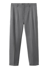 Pantalons gris sur mesure en tissu tissé, dotés d'un devant plat, de jambes plisées et de poches latérales, avec un bas droit.