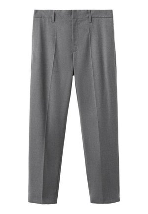 Pantaloni grigi su misura realizzati in tessuto intrecciato, con vita piana, gambe con pieghe e tasche laterali, dal fondo dritto.