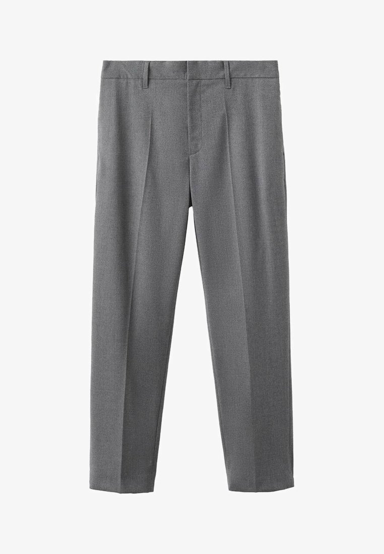 Pantaloni grigi su misura realizzati in tessuto intrecciato, con vita piana, gambe con pieghe e tasche laterali, dal fondo dritto.