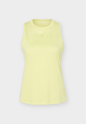 Αμάνικη ανοιχτόκίτρινη μπλούζα χωρίς γιακά, με στρογγυλή λαιμόκοψη, εφαρμοστή στο στήθος, εμφανιζόμενη σε απλό ανοιχτογκρίζο φόντο.